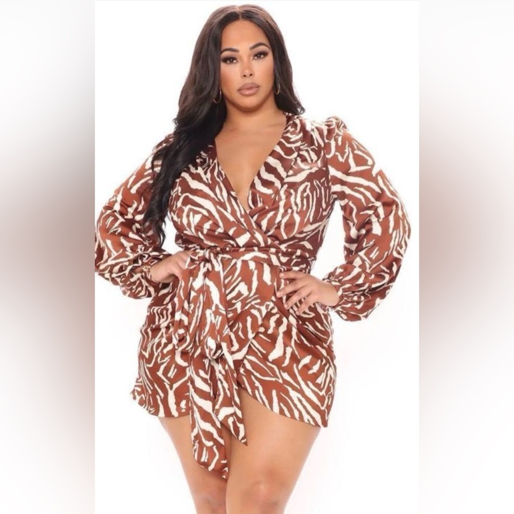 BRAND NEW WITH TAGS XL Fashion Nova Zebra Print Wrap Dress in Brown and White